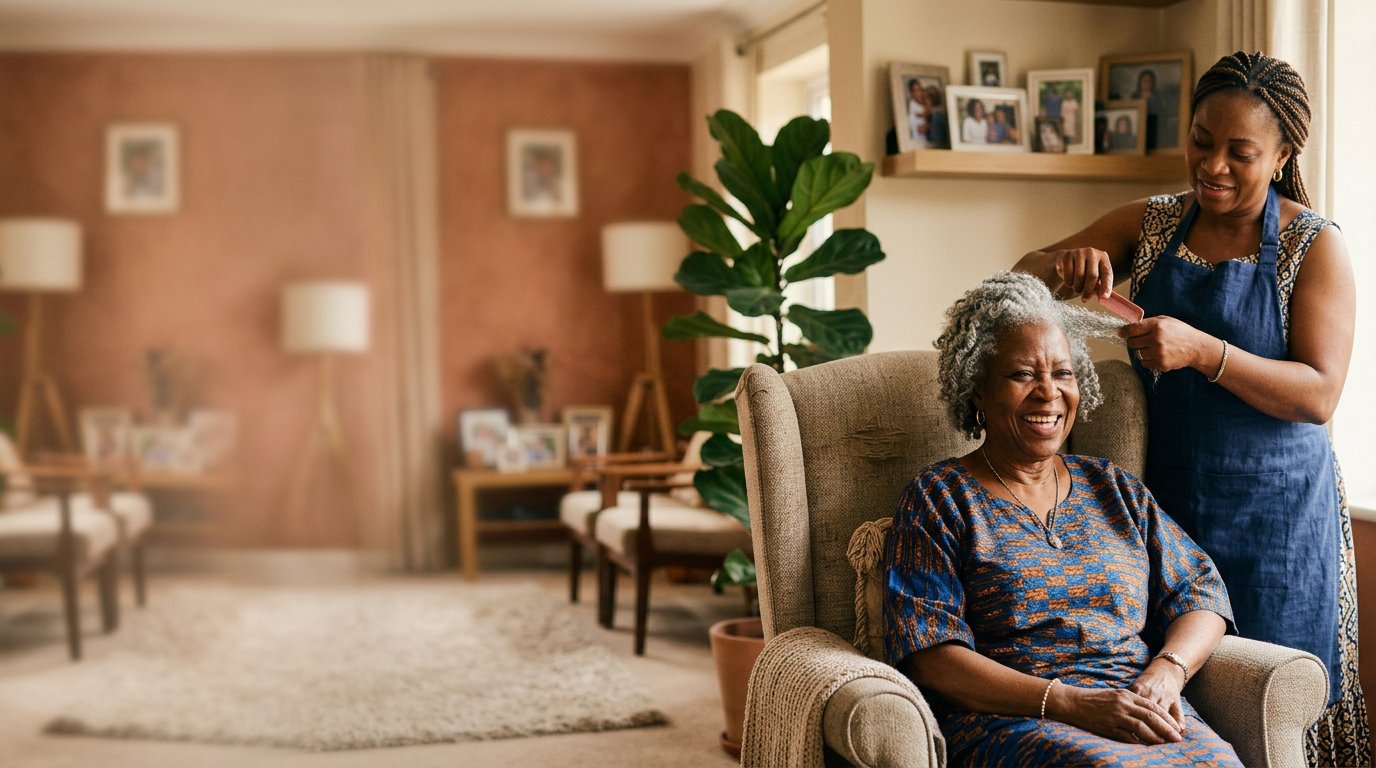 A smiling woman in her eighties has her hair styled by a professional in her own living room armchair.
